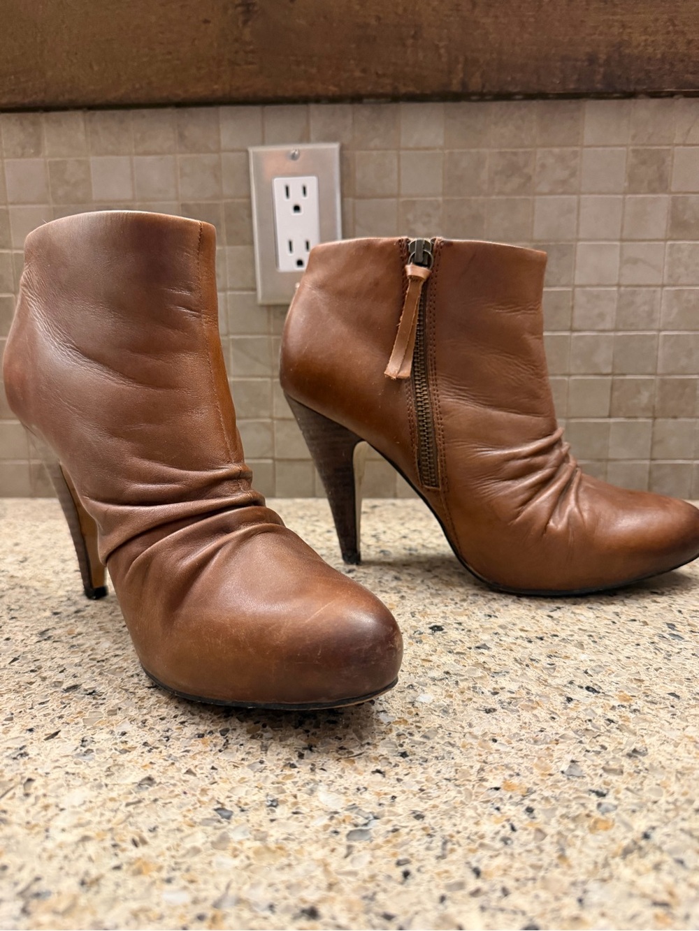 Aldo Tan Leather High-Heel Ankle Booties with Side Zip